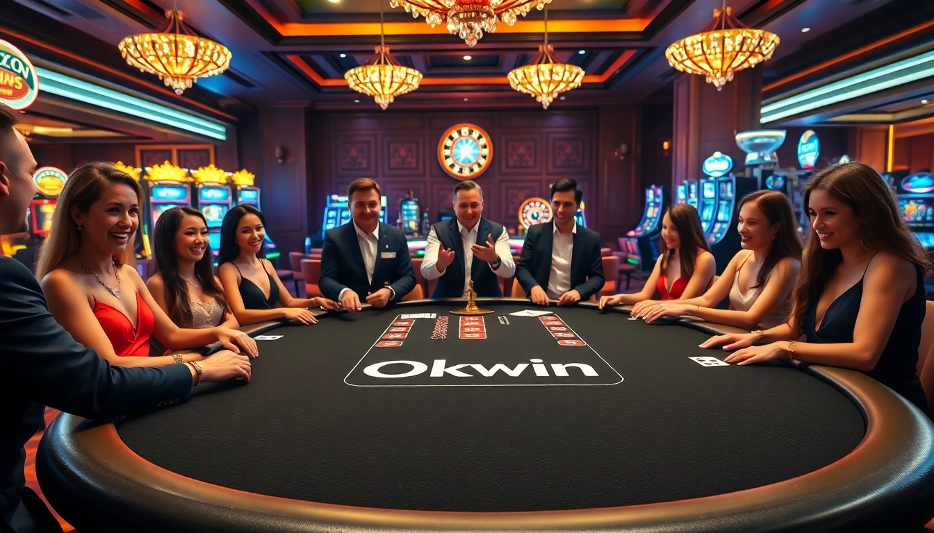 Okwin's vibrant casino scene with players at a poker table enjoying an exciting game.