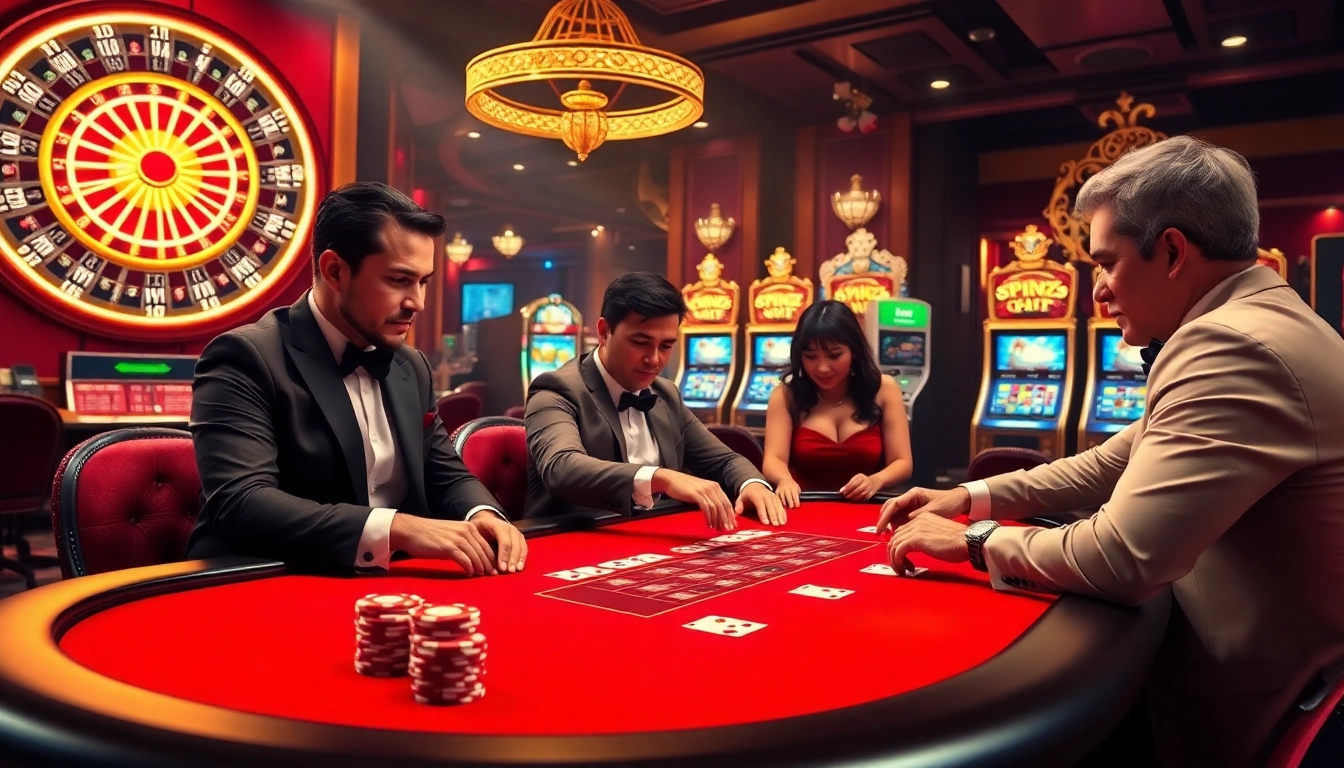 Go8 players strategizing at a luxurious poker table in a vibrant casino setting.