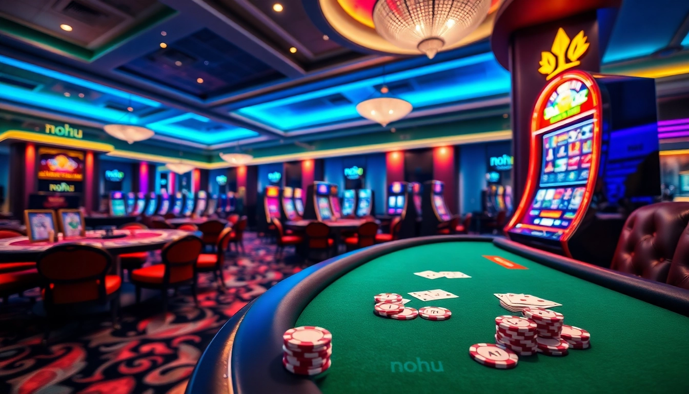 Players enjoying the thrilling experience of nohu with glamourous casino games and vibrant slot machines.