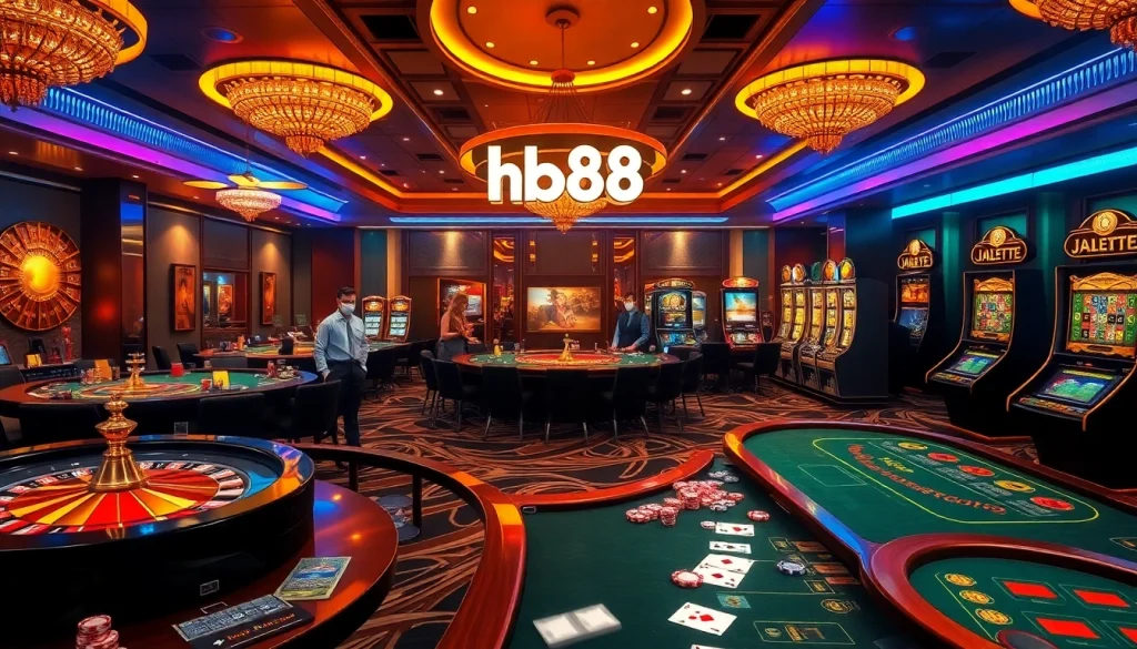 Excited gamblers strategizing at hb88 casino tables filled with chips and cards.