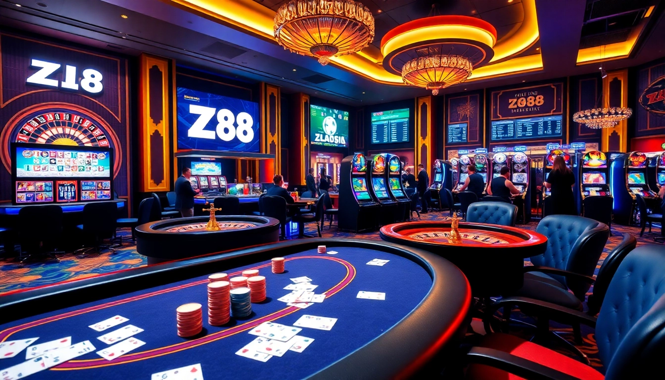 ZK88 gaming area showcasing poker, roulette, and high-stakes slots in a luxurious casino ambiance.