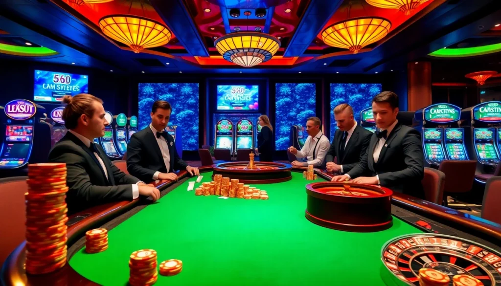 Experience thrilling gameplay at KP88 link with a vibrant casino atmosphere featuring poker tables and slot machines.