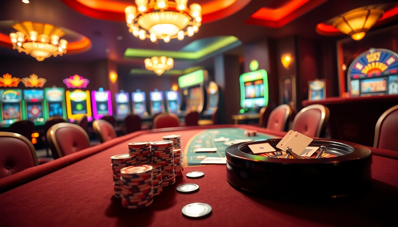A thrilling poker scene showcasing rikvip with a stylish table, chips, and vibrant casino ambiance.
