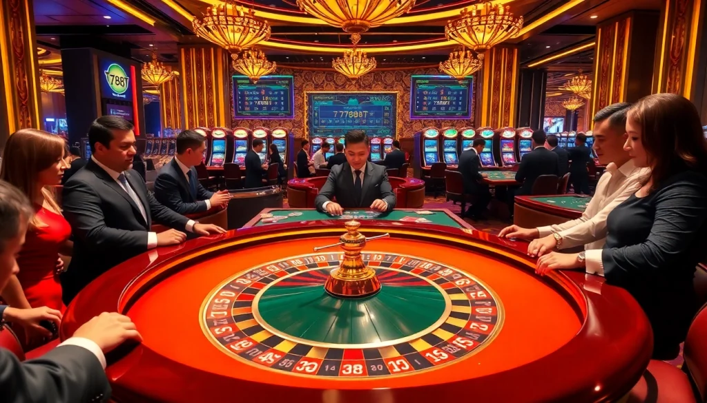 Exciting casino scene featuring roulette and poker games centered around 788t, highlighting the thrill of gambling.