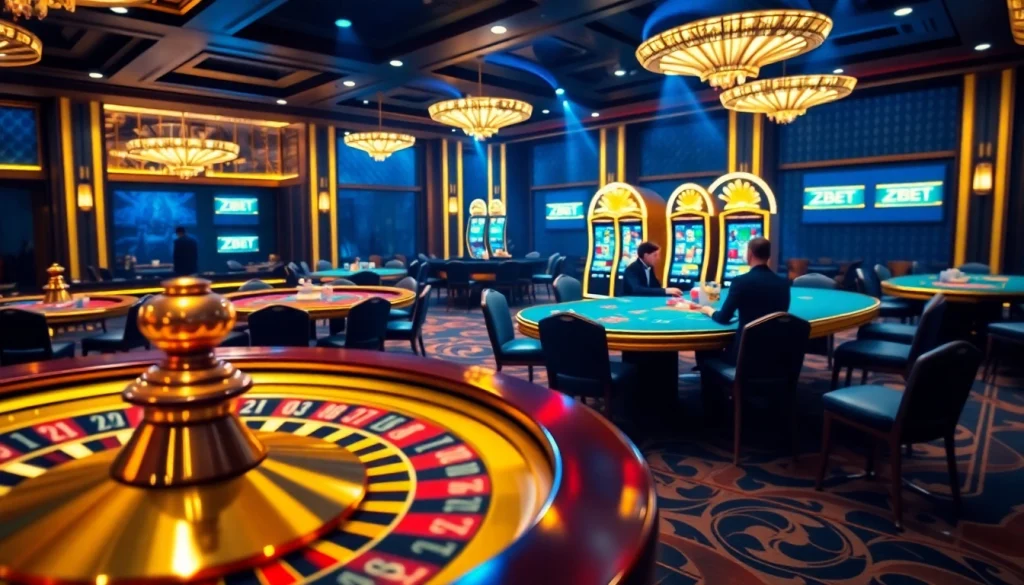 ZBET casino scene with poker table, roulette wheel, and glowing slot machines creating an energetic atmosphere.