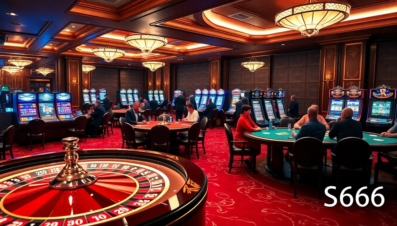 Crowd enjoying high-stakes poker games at S666 casino with luxurious decor and vibrant atmosphere.