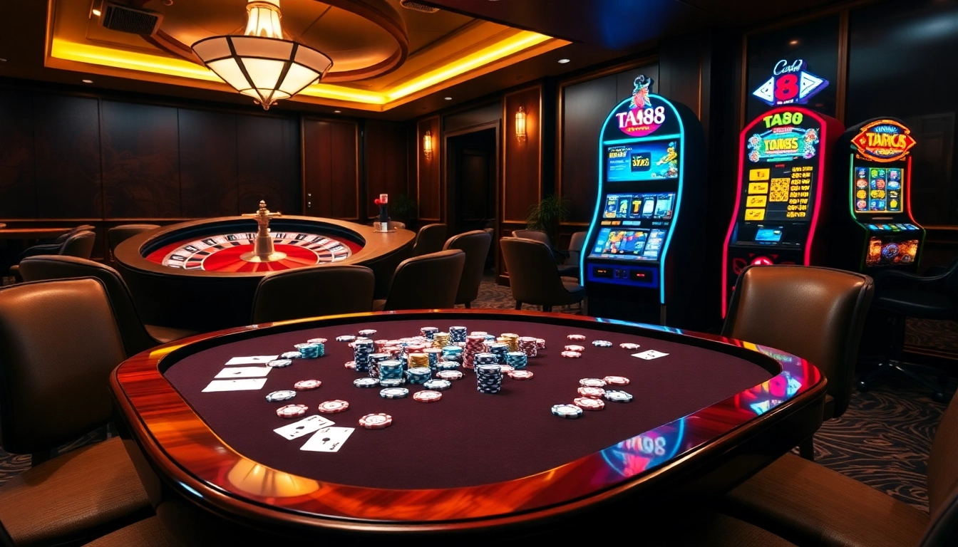 Experience thrilling gameplay at ta88 in a vibrant casino setting with poker tables and roulette.