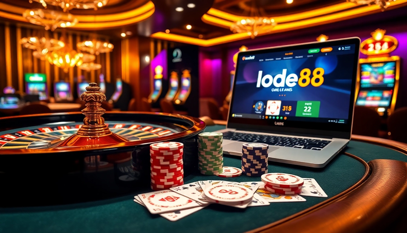 Lode88 offers thrilling online gambling experiences with vibrant casino elements and high-stakes play.