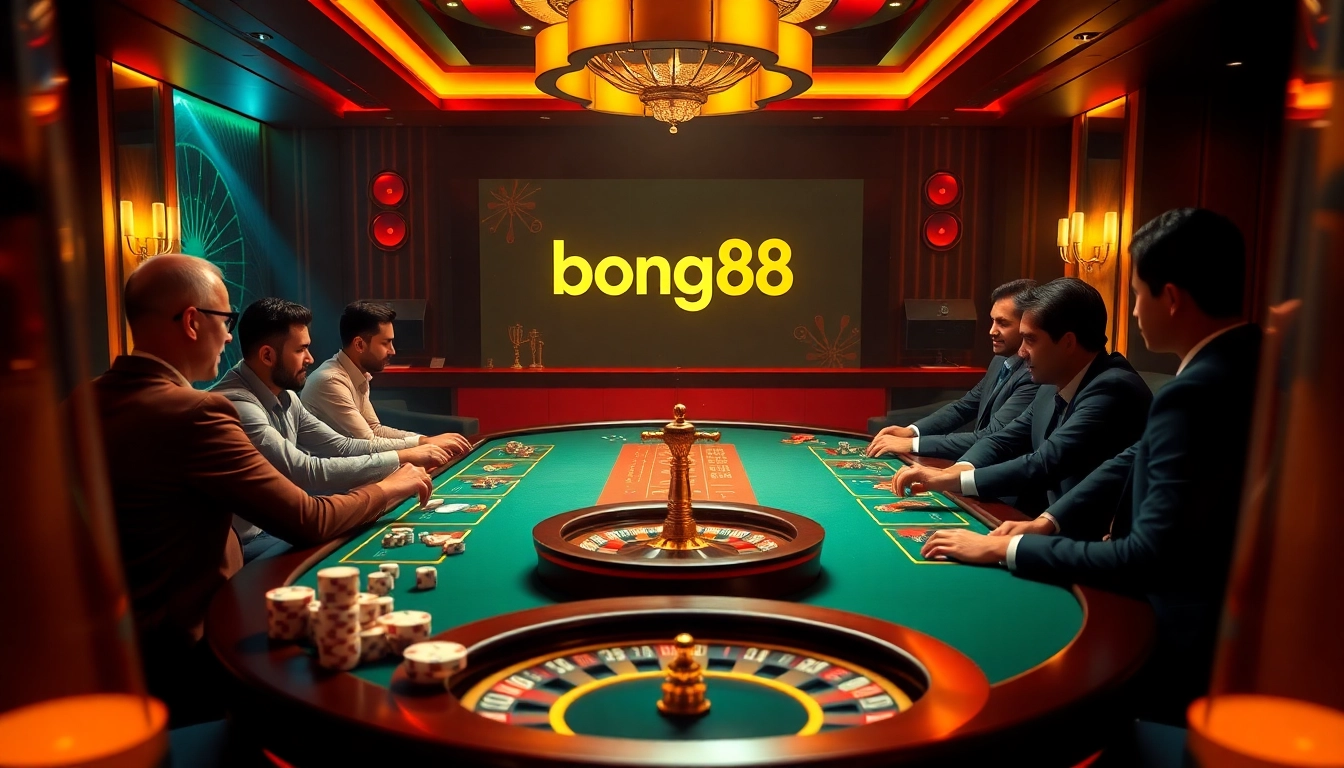 Bong88 players enjoying an exciting game at a luxurious poker table in a vibrant casino.
