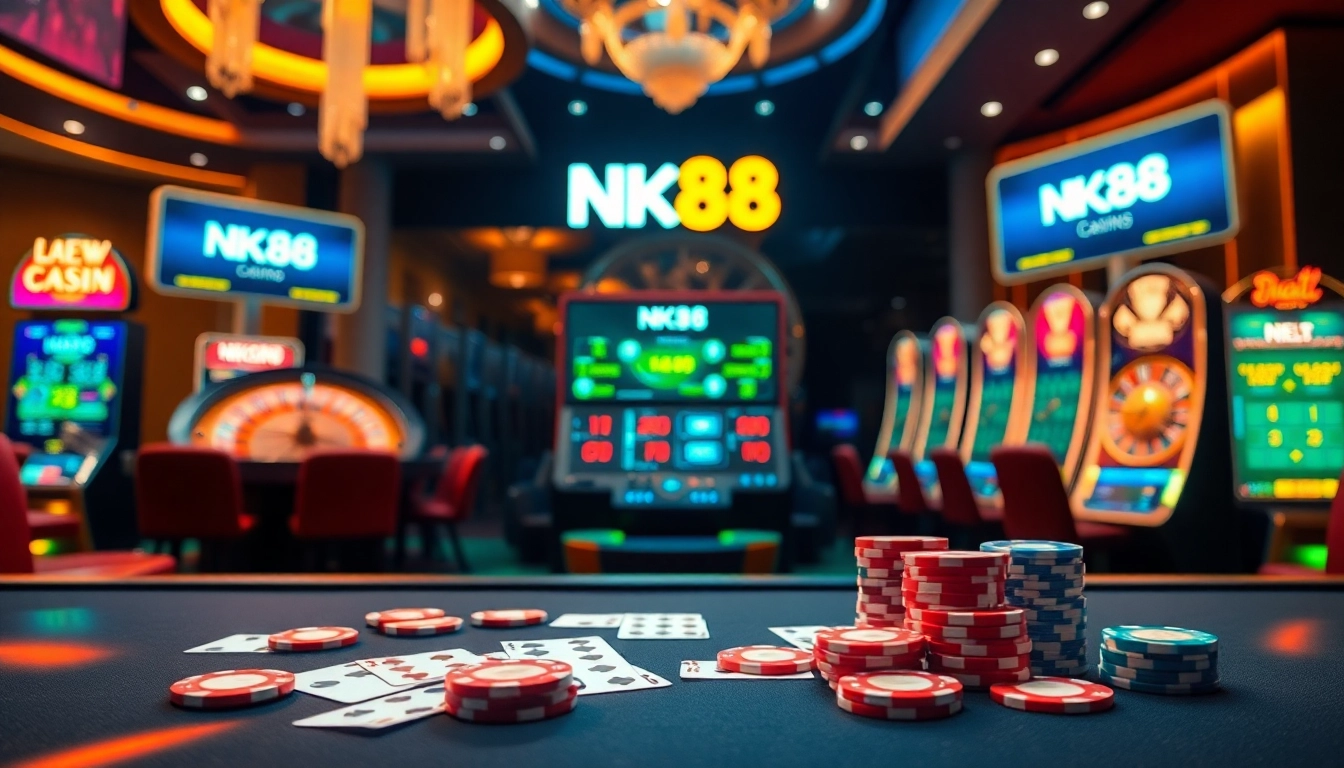 Experience the excitement of NK88 with vibrant gambling scenes featuring poker chips and sleek casino tables.