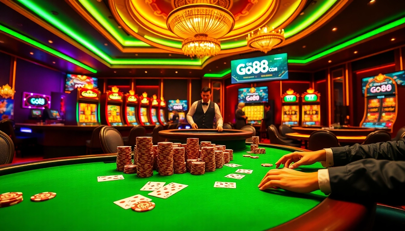 Exciting online gambling scene with go88 themed poker table and vibrant slot machines.