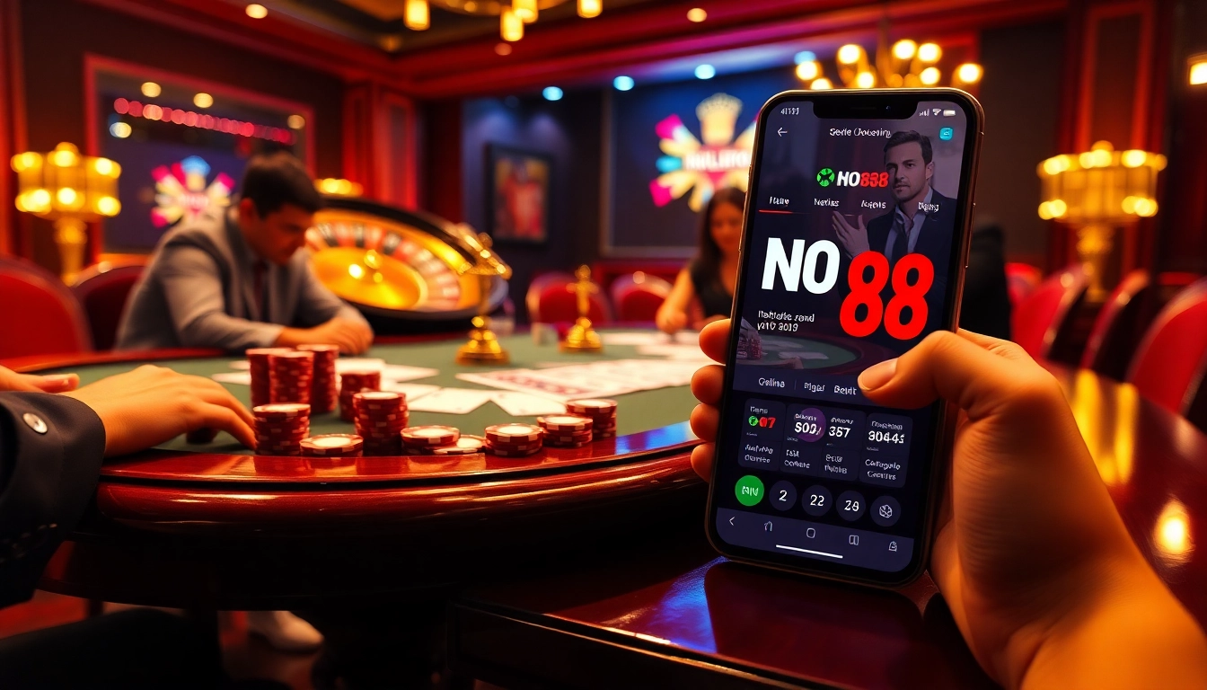 Engaged players at a luxurious casino poker table, featuring NO HU88 betting visuals.