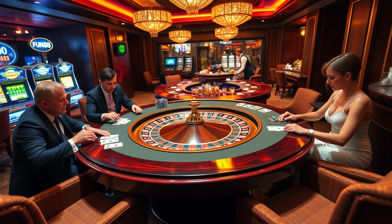 Players engaging in thrilling roulette action at Fun88 casino, surrounded by colorful chips and ambiance.