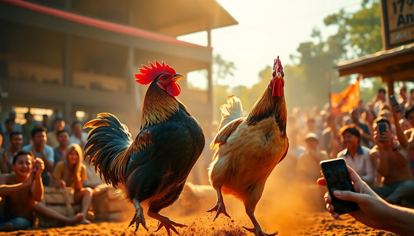 Action-packed chicken fight scene at dagawin.live, showcasing vibrant atmosphere and online betting excitement.