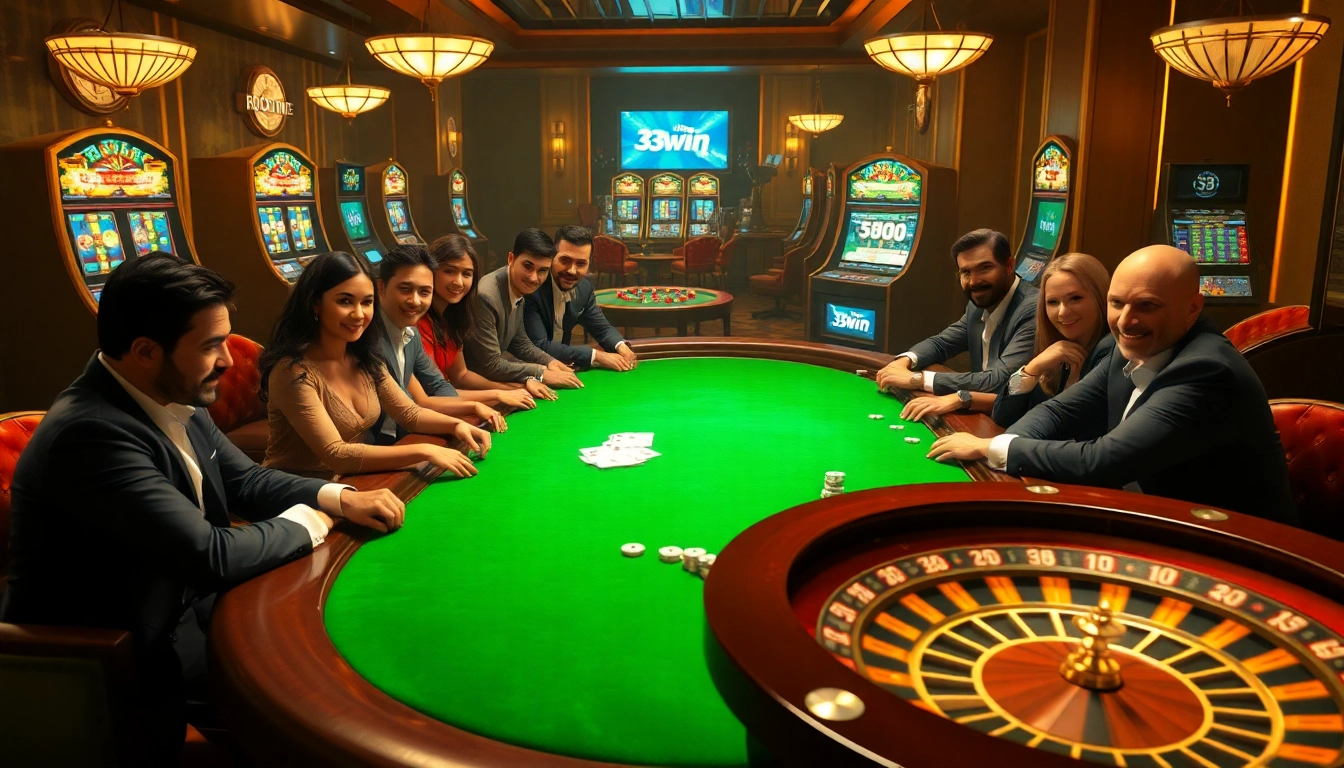 Experience thrilling gaming with 33win at a vibrant poker table surrounded by excited players.