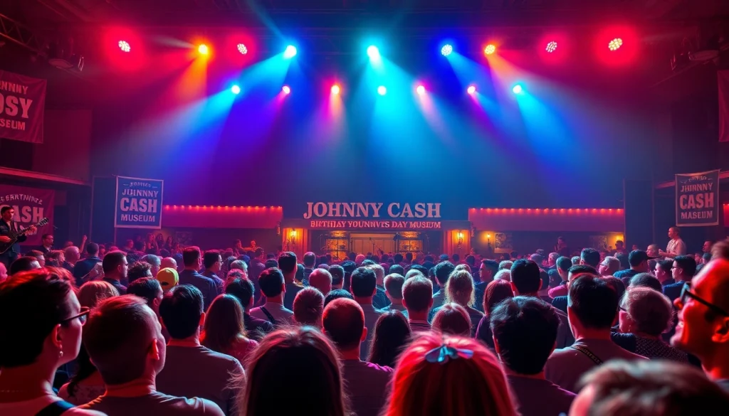 Fans celebrating at johnnycashbirthday.com concert with vibrant lights and live music.
