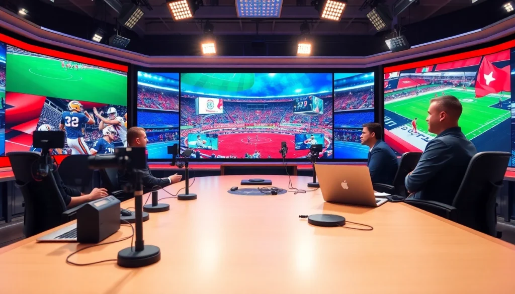 Sports Broadcasting professionals analyzing live events in a vibrant studio.