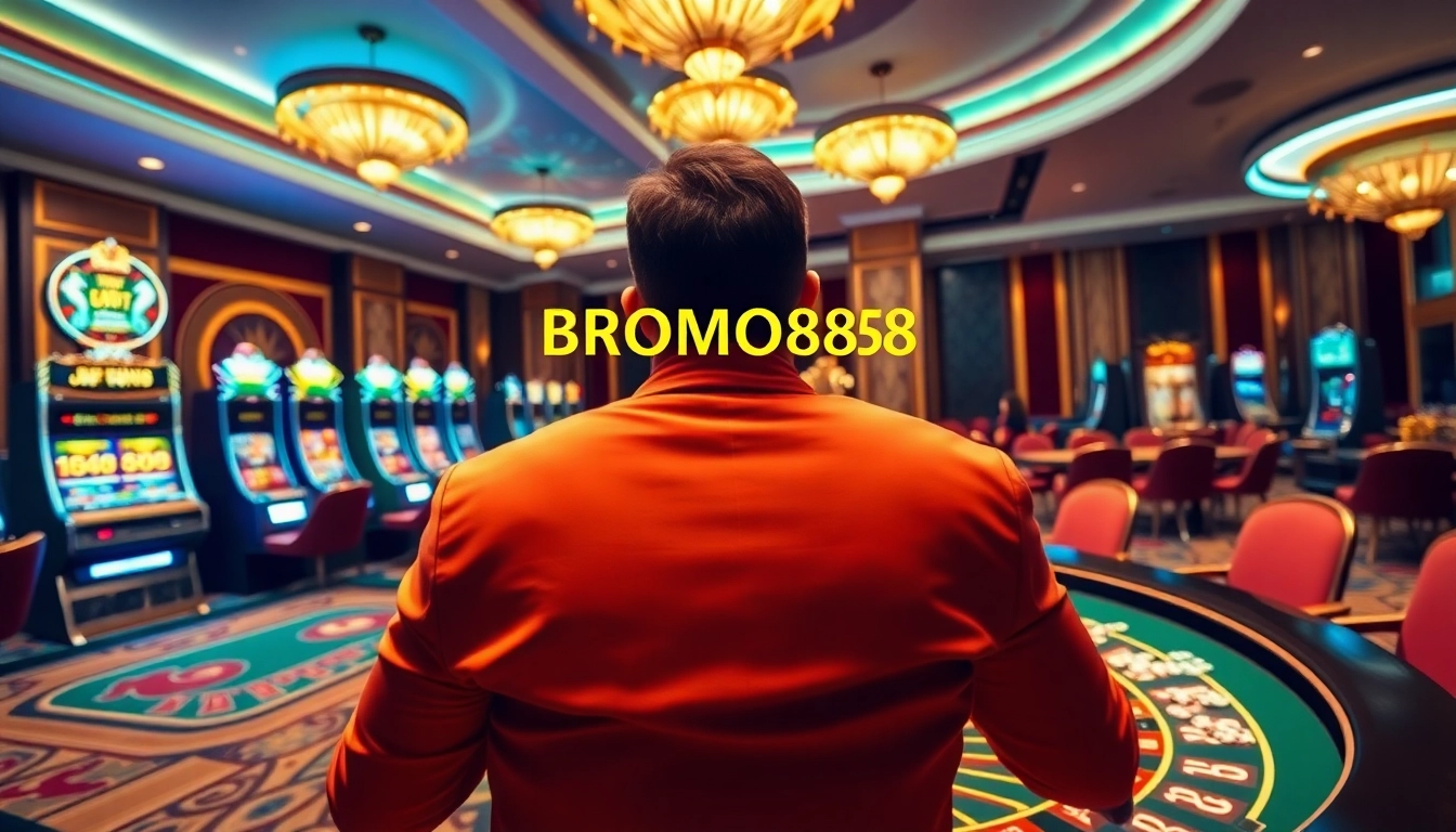 BROMO888 players enjoying an exciting casino atmosphere with vibrant slot machines and roulette tables.