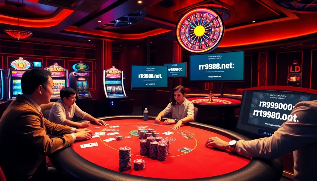 Engaging poker game at a luxurious casino table highlighting https://rr9988.net/ with colorful chips and excited players.