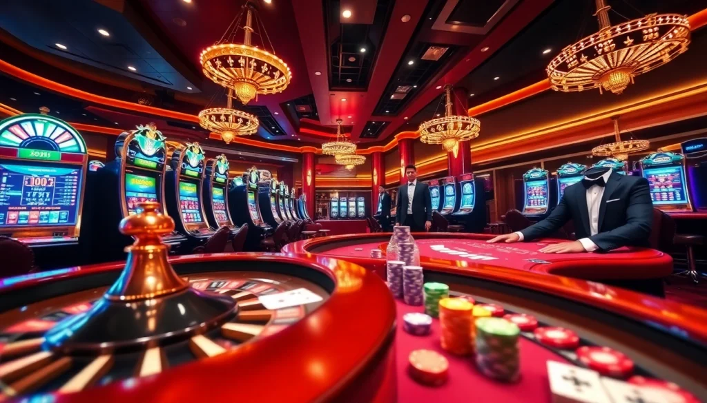 Experience excitement with 88vn at a luxurious casino scene featuring poker tables and slot machines.