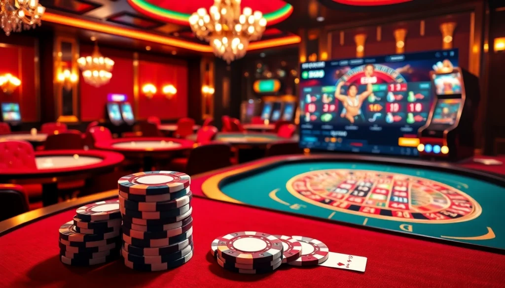 Experience the thrill of EE88 with shiny poker chips and a vibrant casino atmosphere.