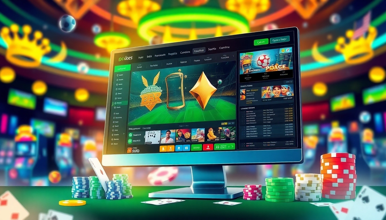 Vibrant digital illustration showcasing 98win's thrilling online gambling platform with casino games and sports betting.