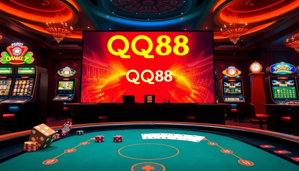 Experience the thrill of online gaming at https://qq88.life with vibrant slot machines and a poker table.