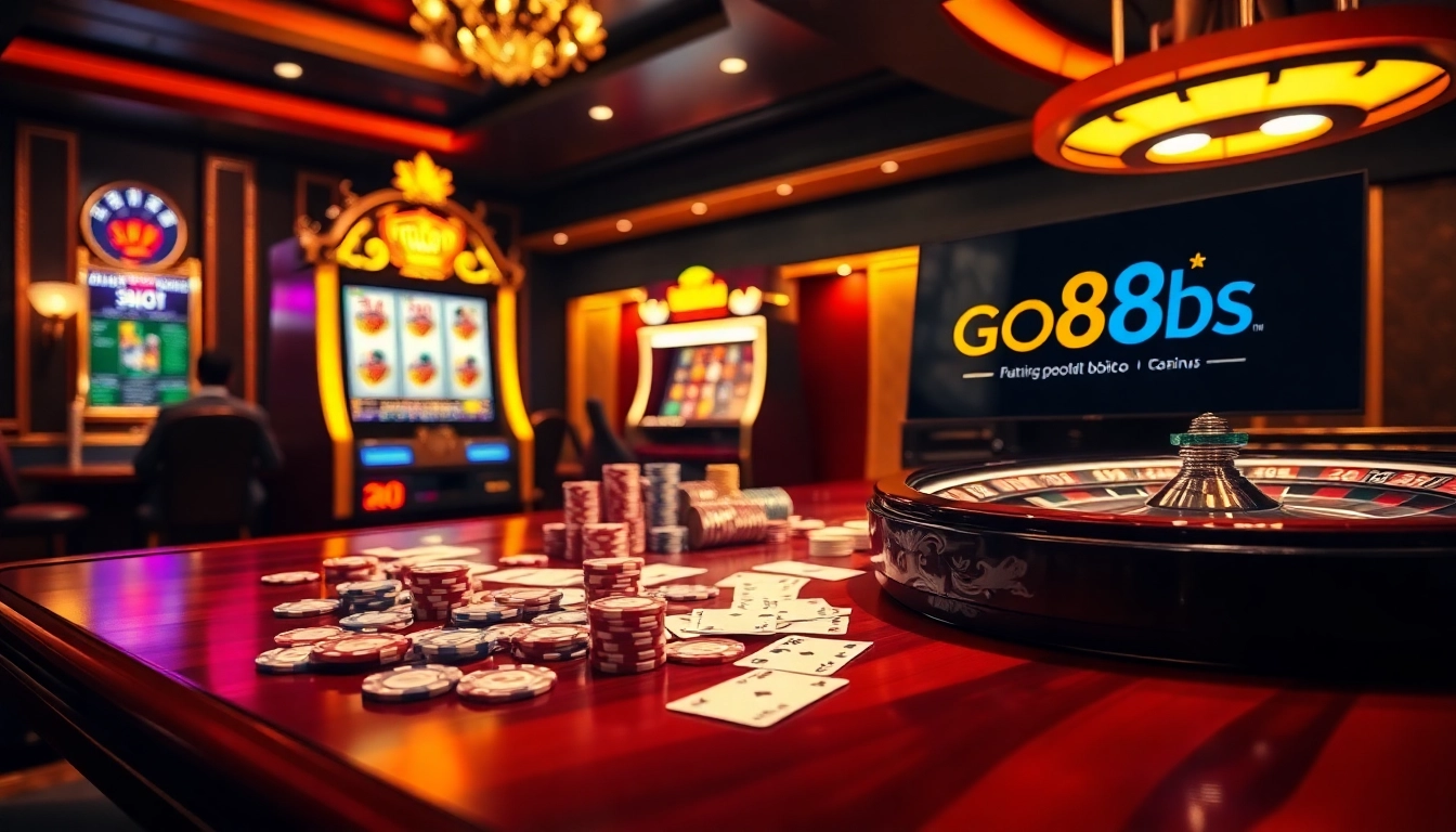 A vibrant casino scene with poker chips and slot machines emphasizing excitement at https://go8s.bio/.