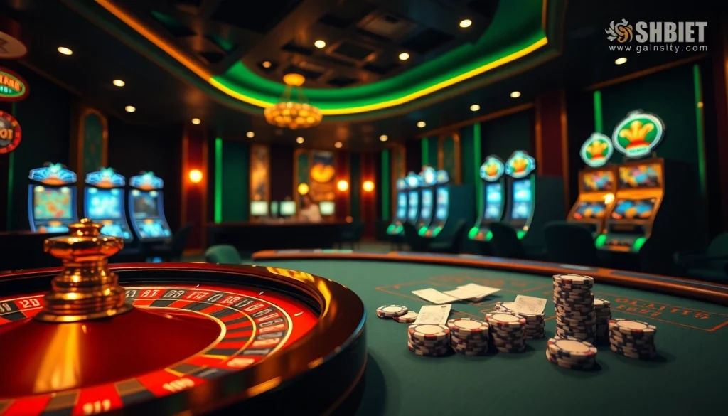 Experience the excitement of link dự phòng SHBET with poker chips and roulette in a vibrant casino setting.