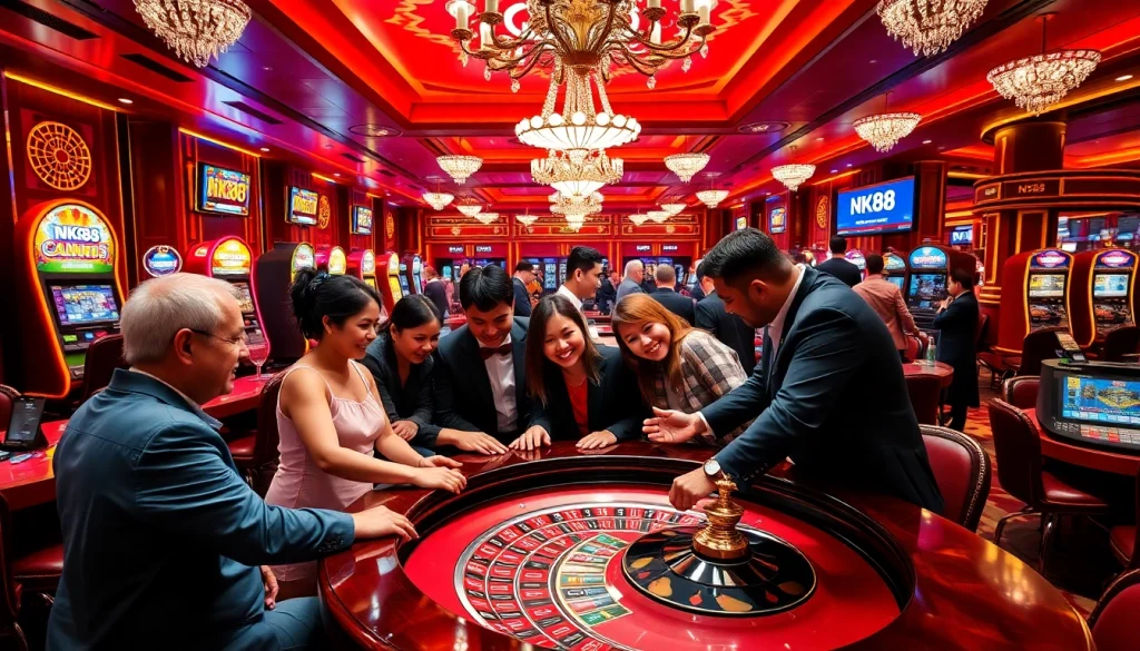 Players enjoying an exciting game at NK88 casino with a luxurious atmosphere.