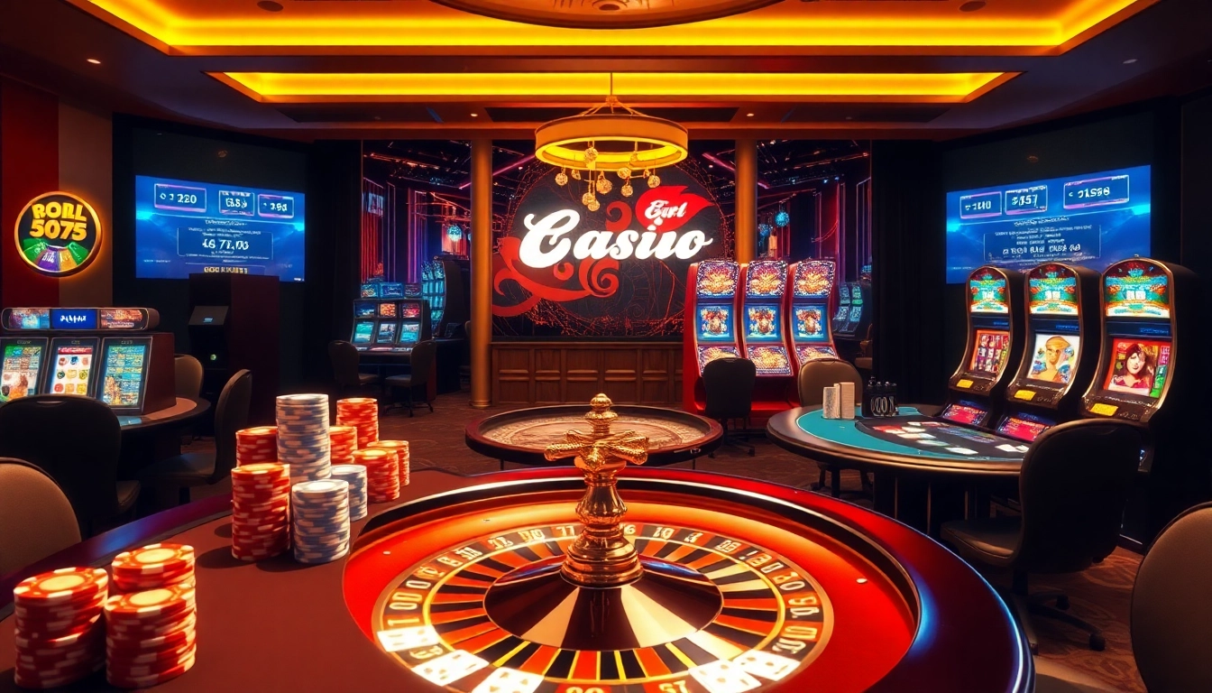 Experience high-stakes gaming action with vibrant online casino visuals at https://88aa1.org/, featuring poker tables and roulette wheels.
