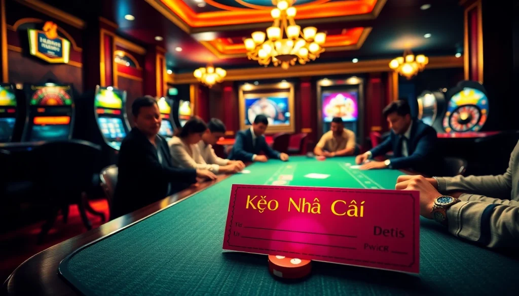 Kèo Nhà Cái displayed on a glowing betting slip at an exciting poker table in a luxurious casino.