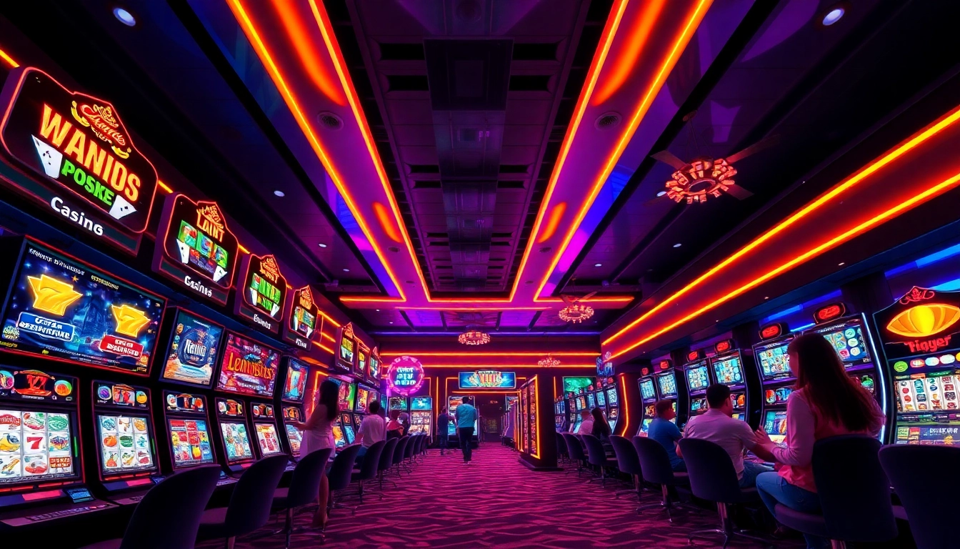 Exciting scene of online gambling at king88 casino with vibrant neon lights and engaged players.
