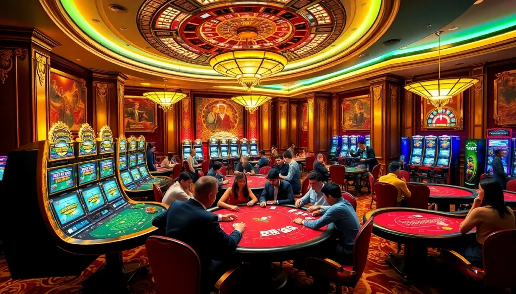 Experience the excitement of fb88 with vibrant casino tables and gambling activities.