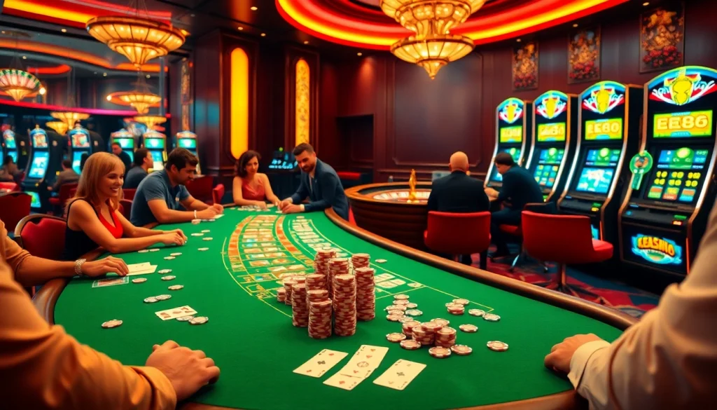 Experience the thrill of EE88 gambling with vibrant casino tables, chips, and cards.