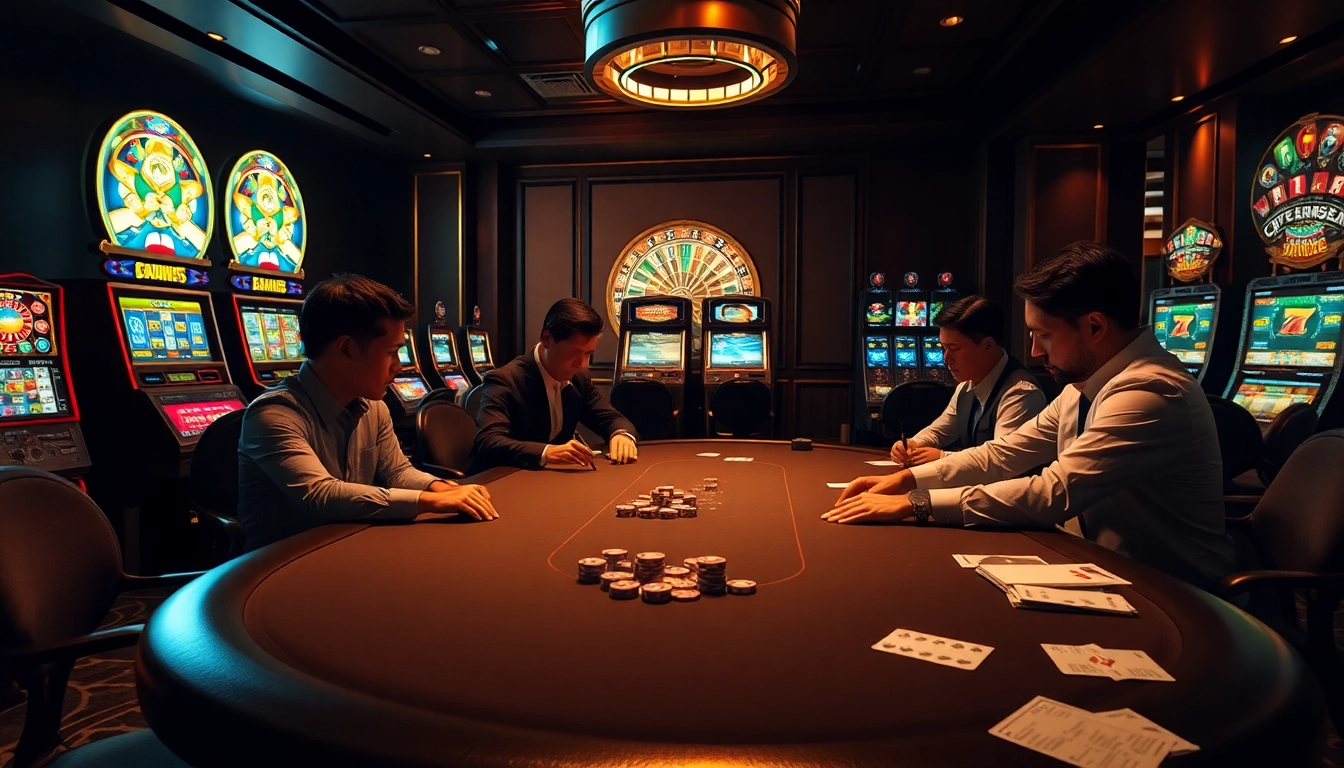 Iwin68 players enjoy a vibrant poker game with chips and cards in an elegant casino setting.