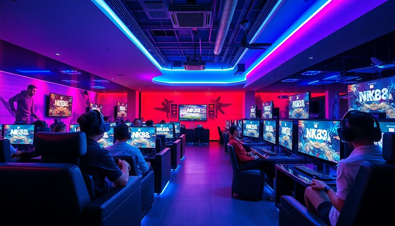 High-energy gaming lounge scene featuring players enjoying NK88 game action.