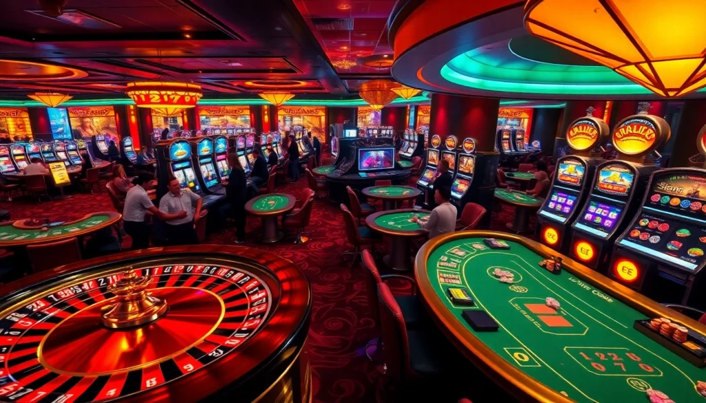 Experience the thrill of winning at open88's vibrant casino scene with dynamic gaming tables and illuminated slot machines.
