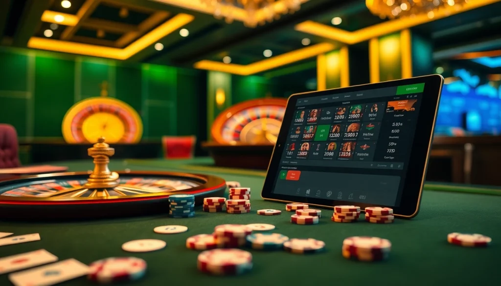 A vibrant gambling scene showcasing tỷ lệ kèo nhà cái 5 with a poker table and roulette wheel, representing excitement and strategy.