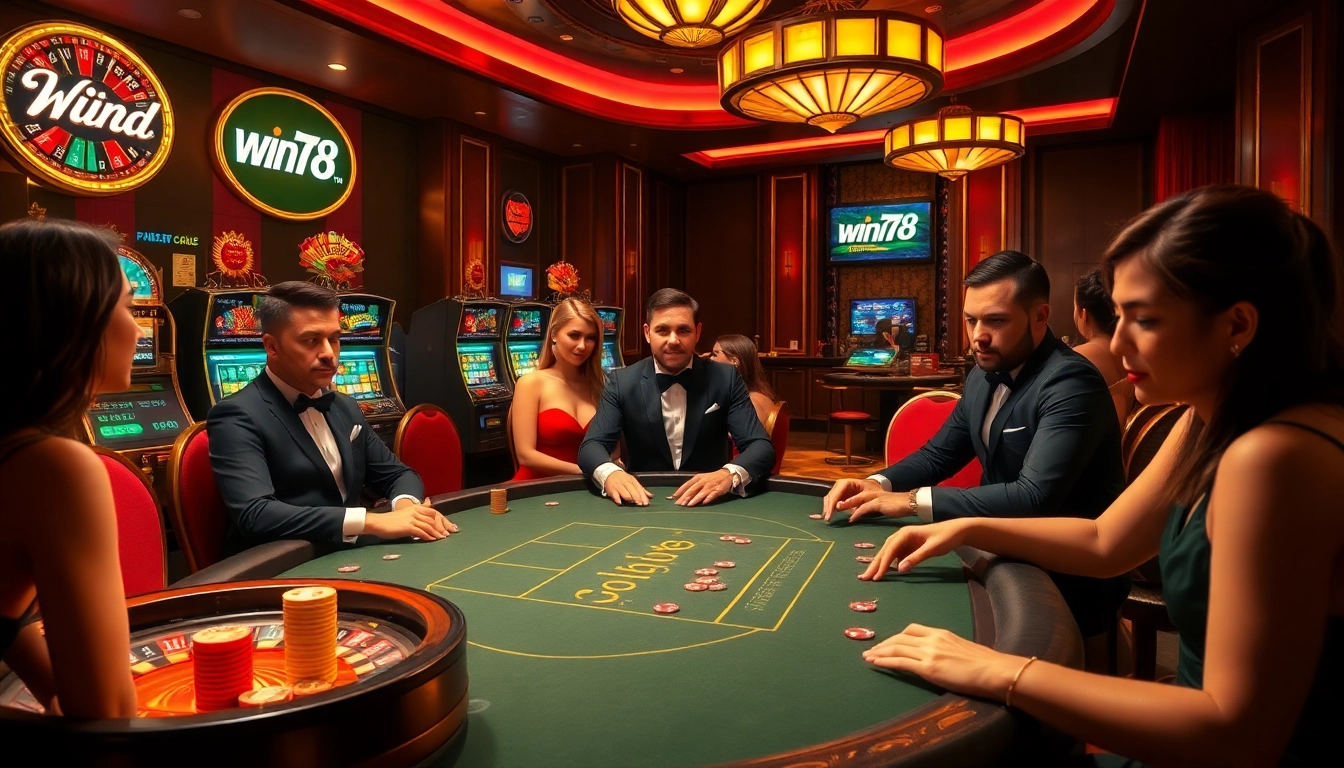 win78 poker players enjoy a thrilling game in a luxurious casino setting with vibrant slot machines.