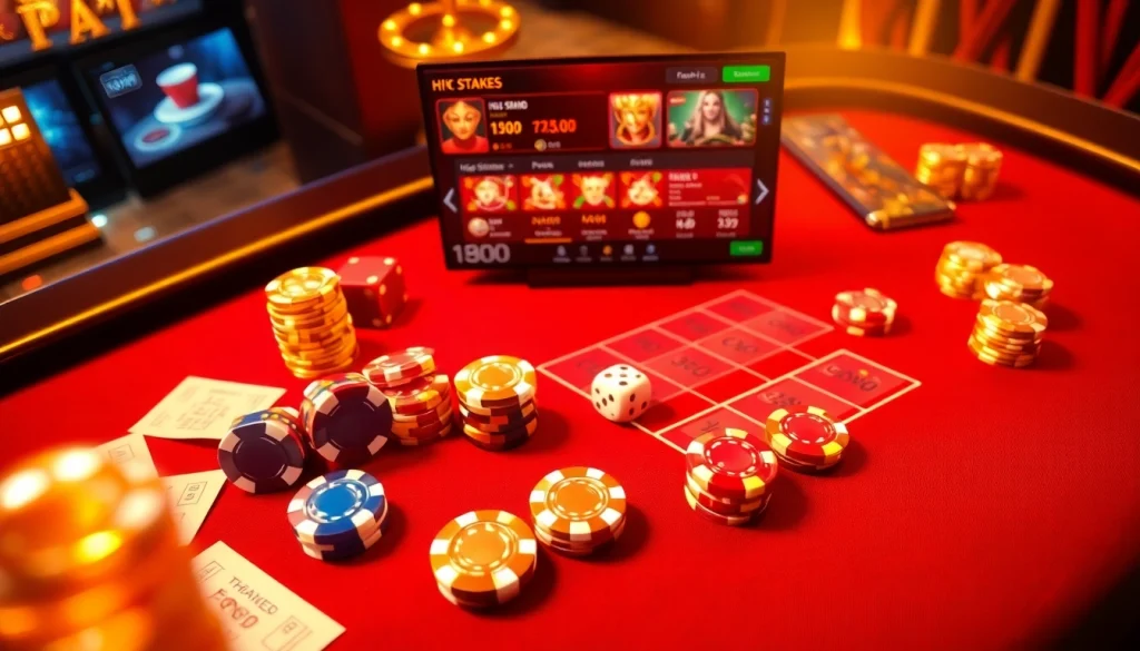 Xóc đĩa online gambling table with colorful chips and dice in a luxurious casino setting
