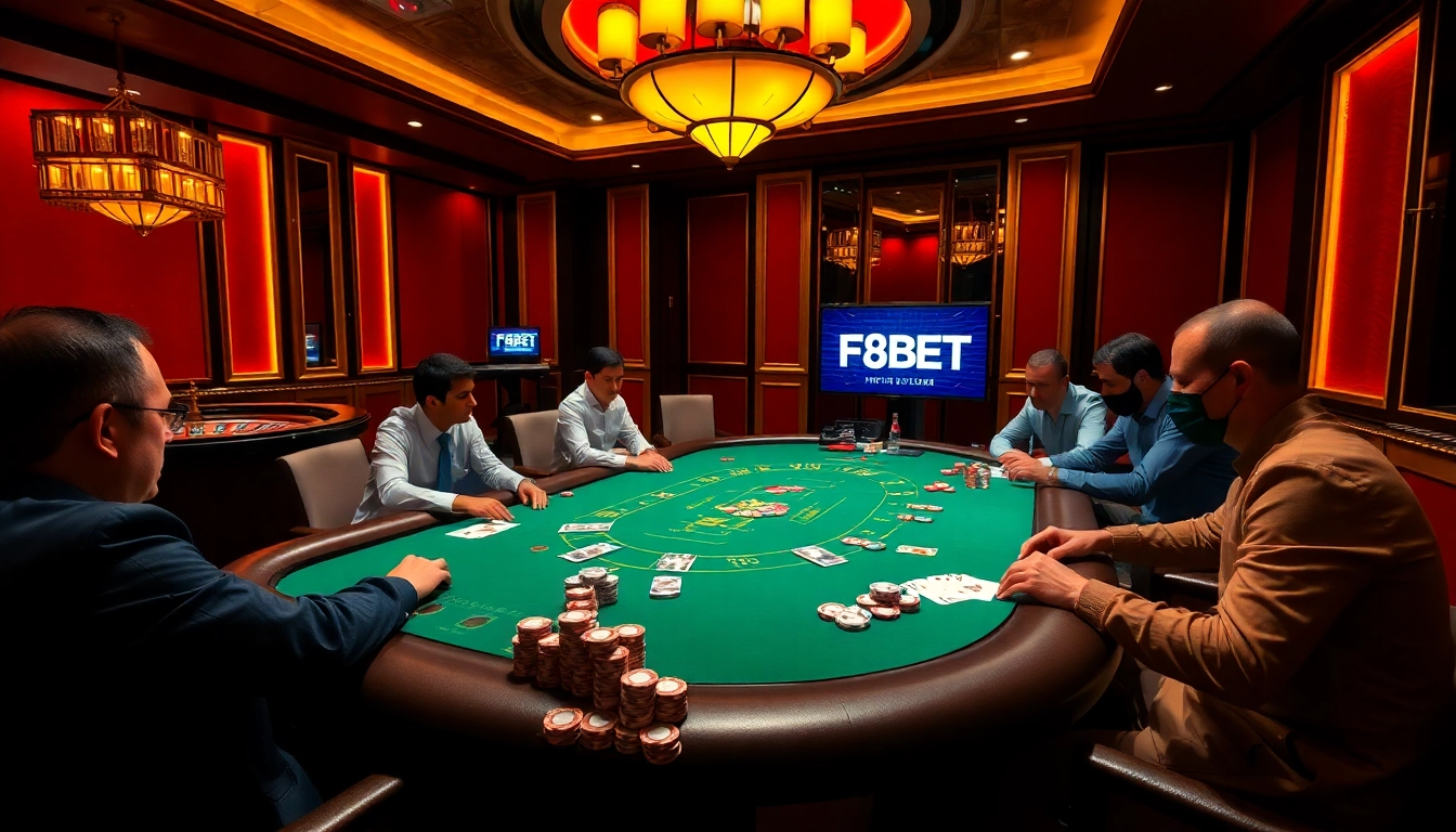 Experience high-stakes action at F8BET's elegant poker table filled with vibrant chips and cards.