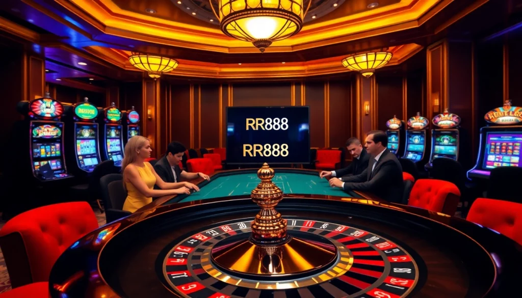 RR88 poker players enjoying a thrilling game in a luxurious casino atmosphere.