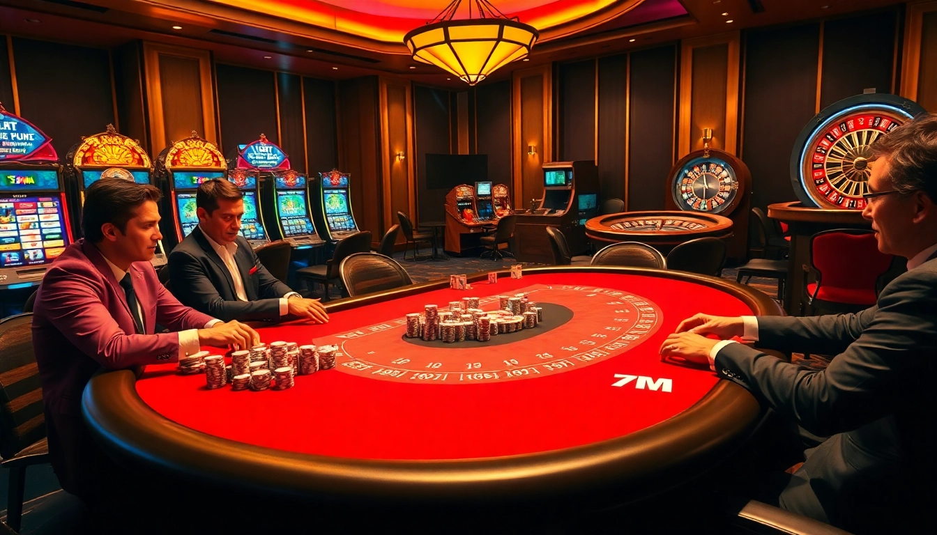 Excited gamblers at a luxurious casino poker table, showcasing a 7M thrilling experience of high-stakes gaming.