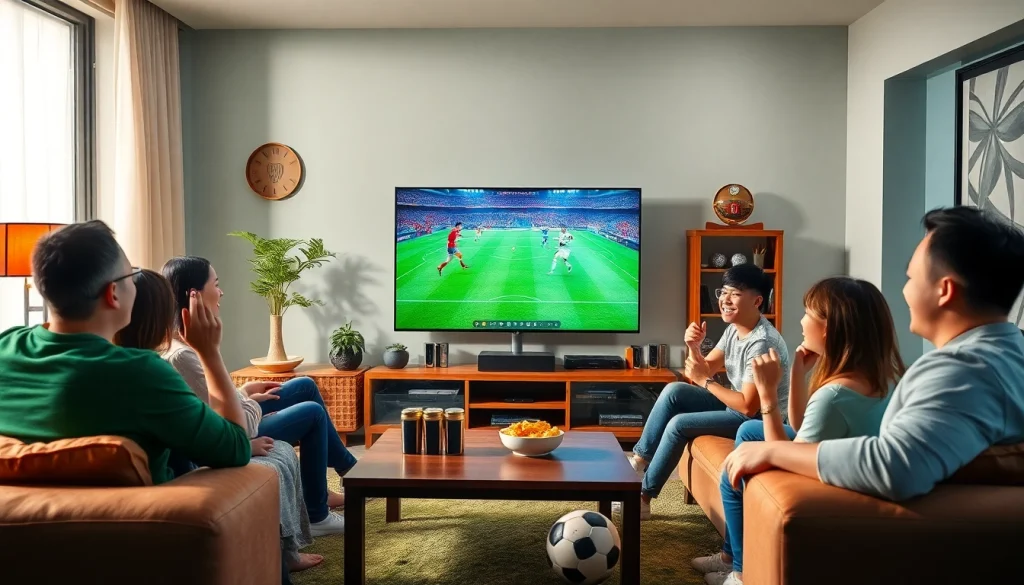 Exciting scene of friends enjoying a live football match on Lương Sơn TV in a cozy living room.