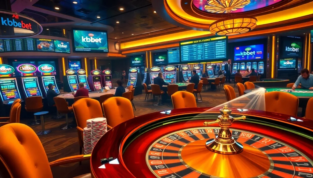 Kbbet platform showcases a luxurious casino scene with vibrant roulette table play and celebrated slot machines.