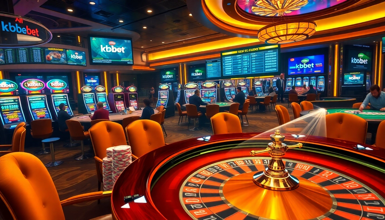 Kbbet platform showcases a luxurious casino scene with vibrant roulette table play and celebrated slot machines.