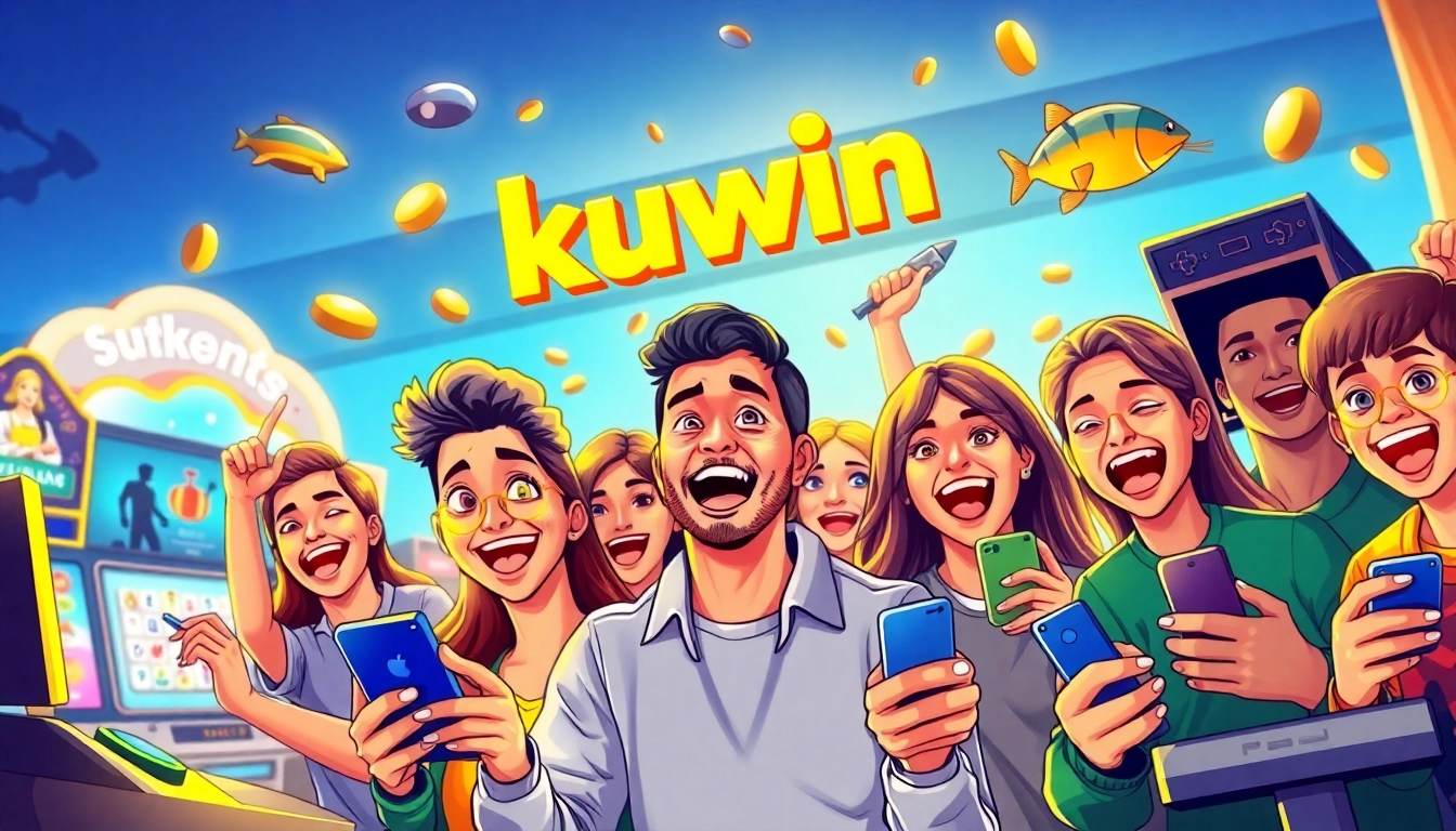Group of players enjoying various kuwin gaming experiences, vibrant atmosphere