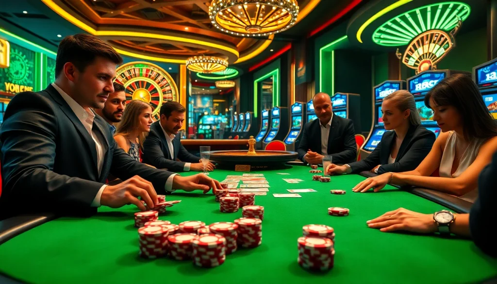 KJC players strategizing at a luxurious poker table with vibrant chips and cards.