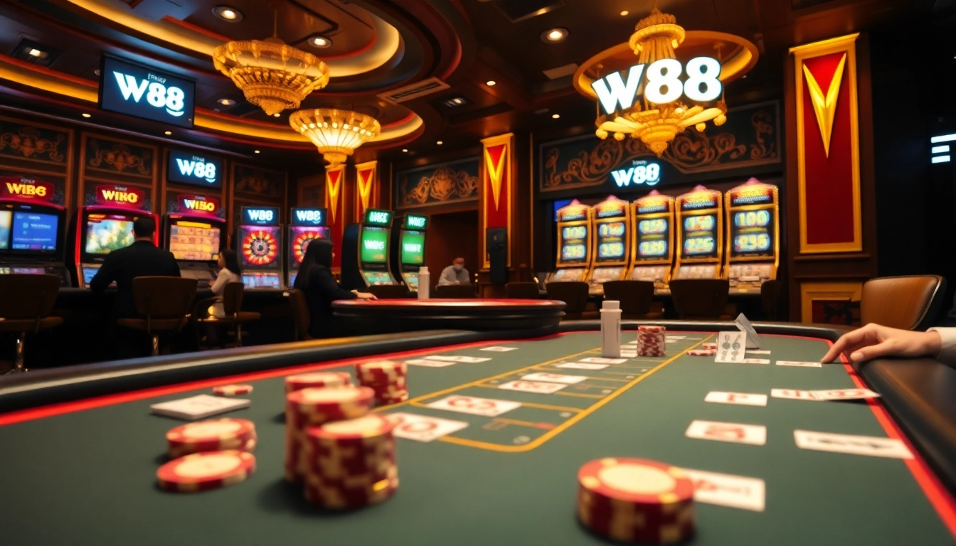 W88 players enjoying an exciting poker match at a luxurious casino table.